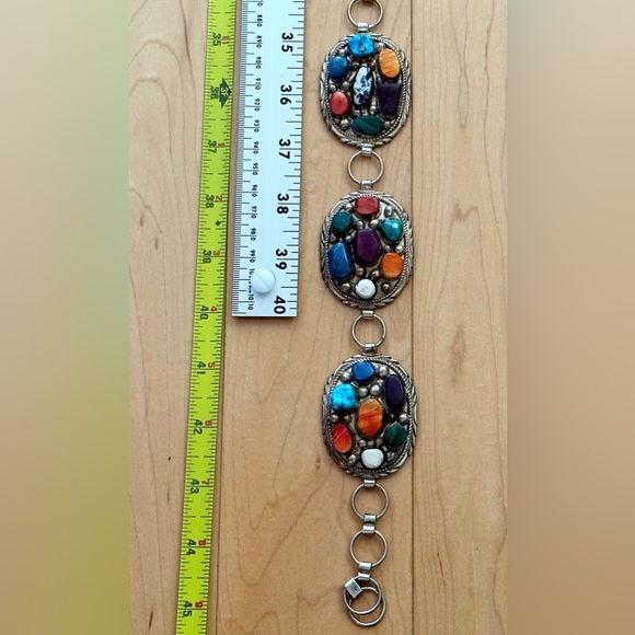 Signed Navajo multi stone Sterling Silver Concho belt - Picture 13 of 16